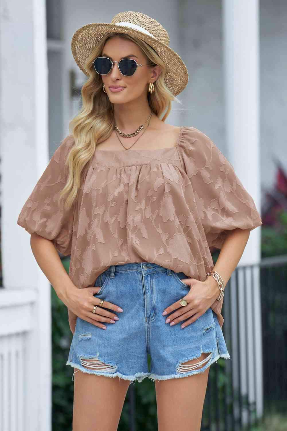 Applique Puff Sleeve Square Neck Blouse Blouses - Tophatter Daily Deals