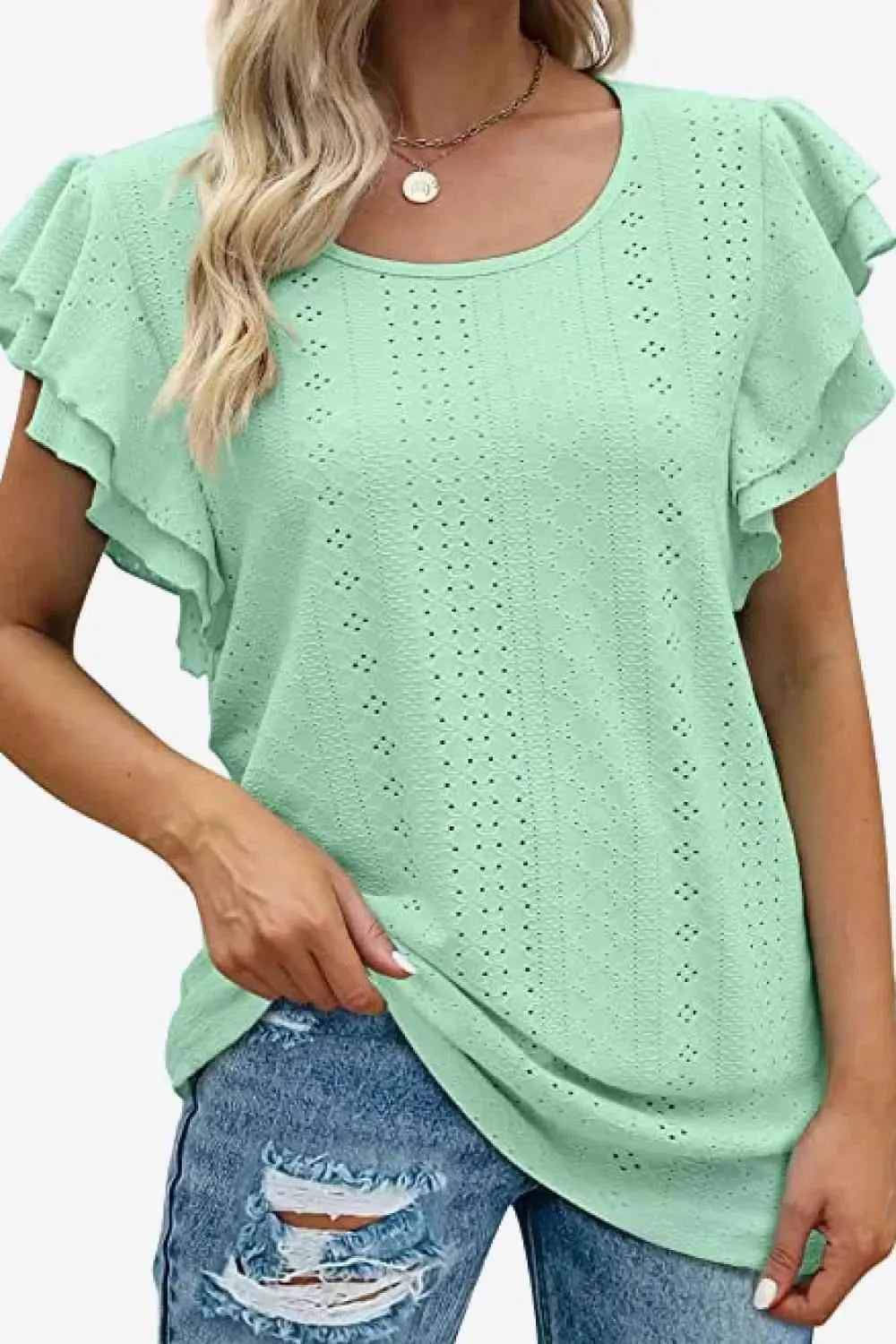 Round Neck Layered Flutter Sleeve Blouse Blouses - Tophatter Daily Deals