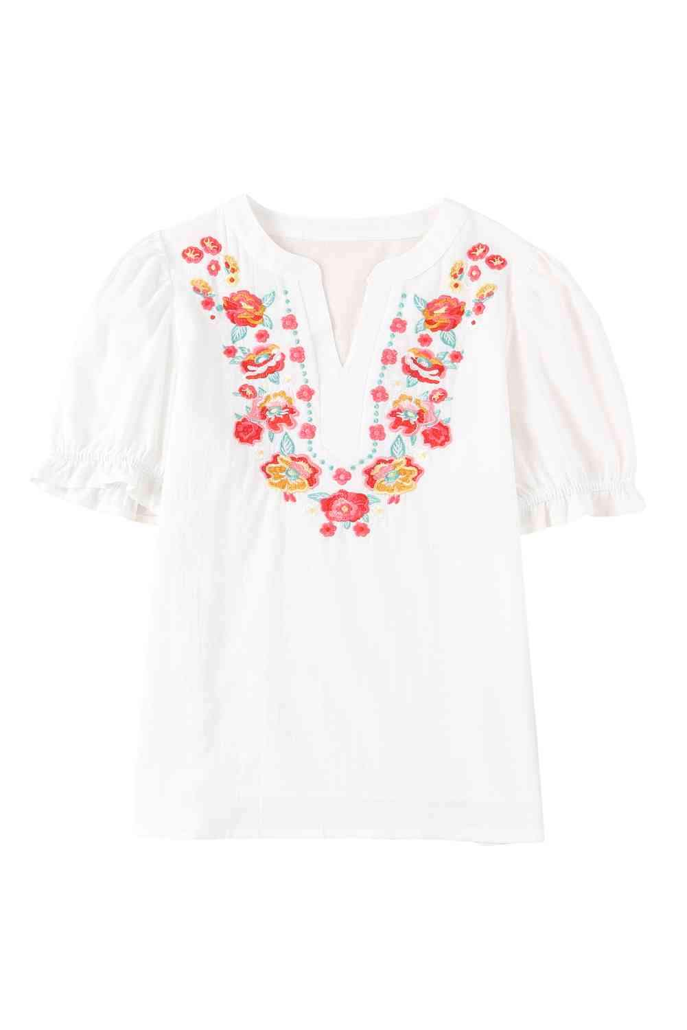 Embroidered Notched Neck Flounce Sleeve Top Blouses - Tophatter Daily Deals