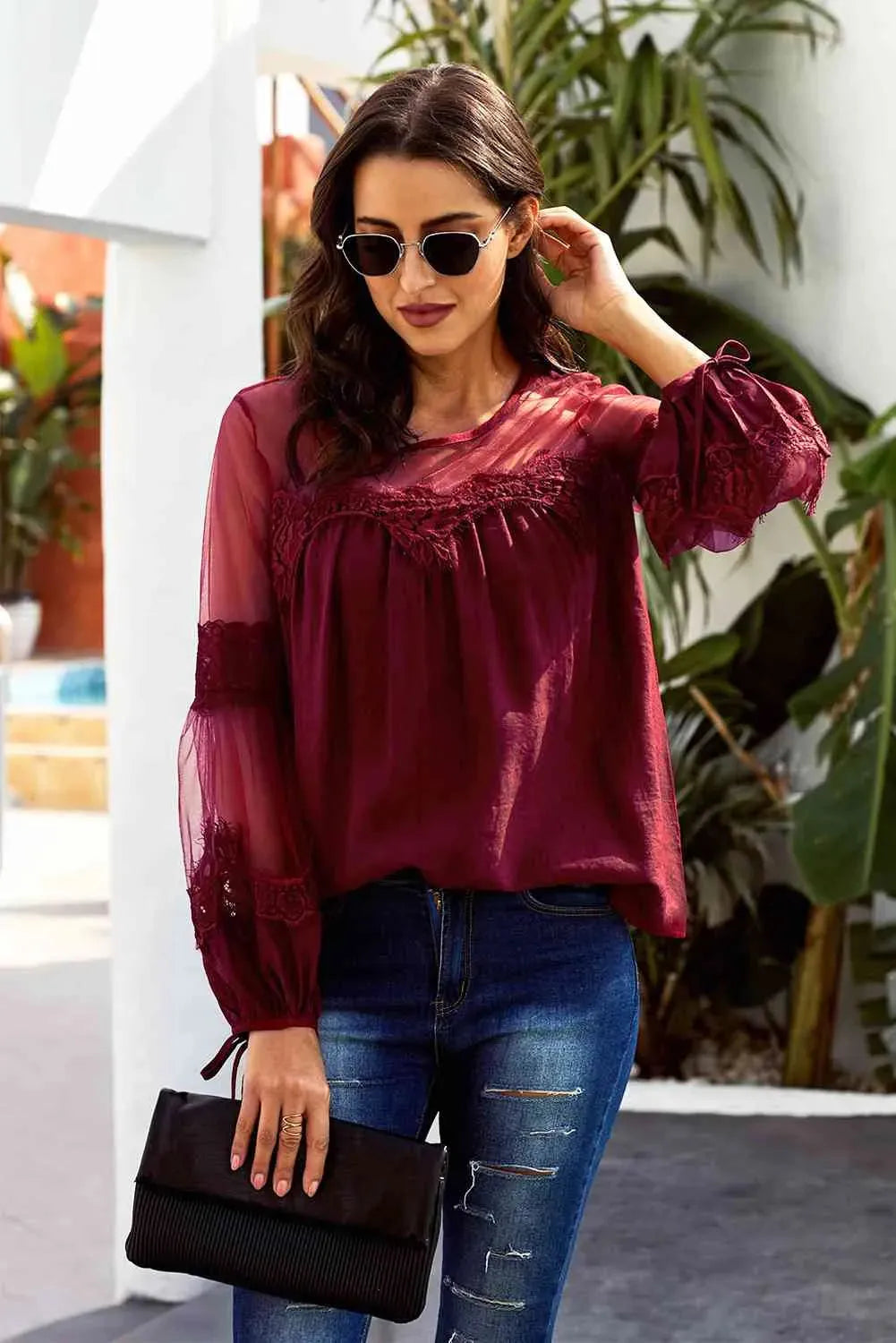 Tied Spliced Mesh Bubble Sleeve Blouse Wine Blouses - Tophatter Daily Deals