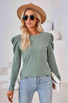 Round Neck Puff Sleeve Blouse Sage Blouses - Tophatter Daily Deals