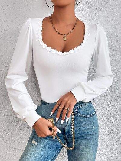 Applique Scoop Neck Long Sleeve T-Shirt White Women's T-Shirts - Tophatter Daily Deals