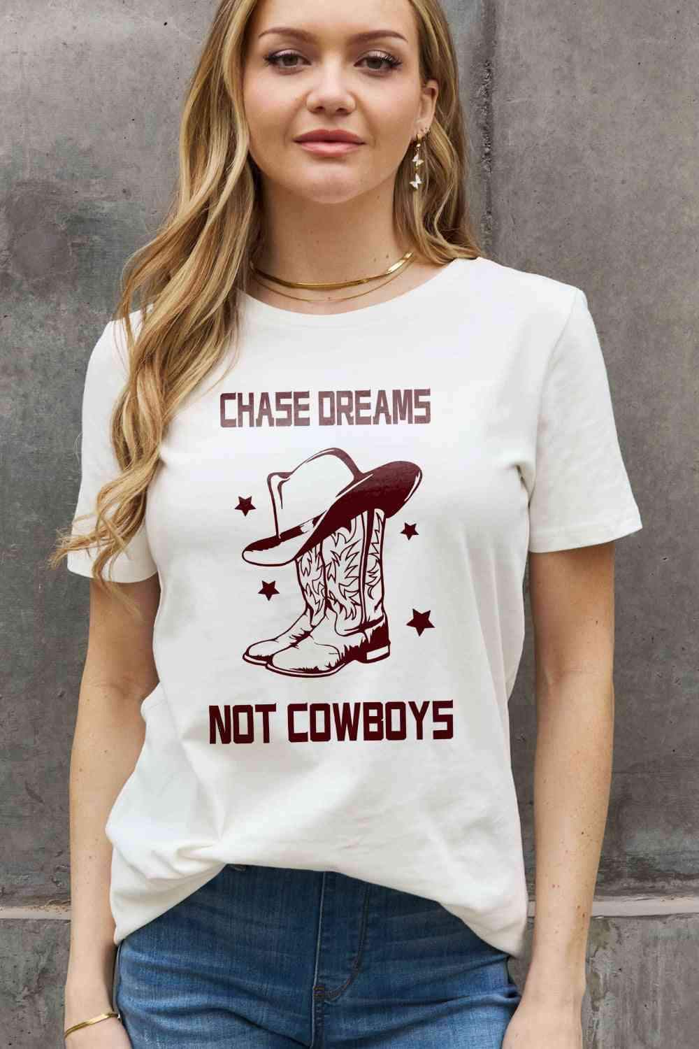 Simply Love Simply Love Full Size CHASE DREAMS NOT COWBOYS Graphic Cotton Tee - Tophatter Daily Deals