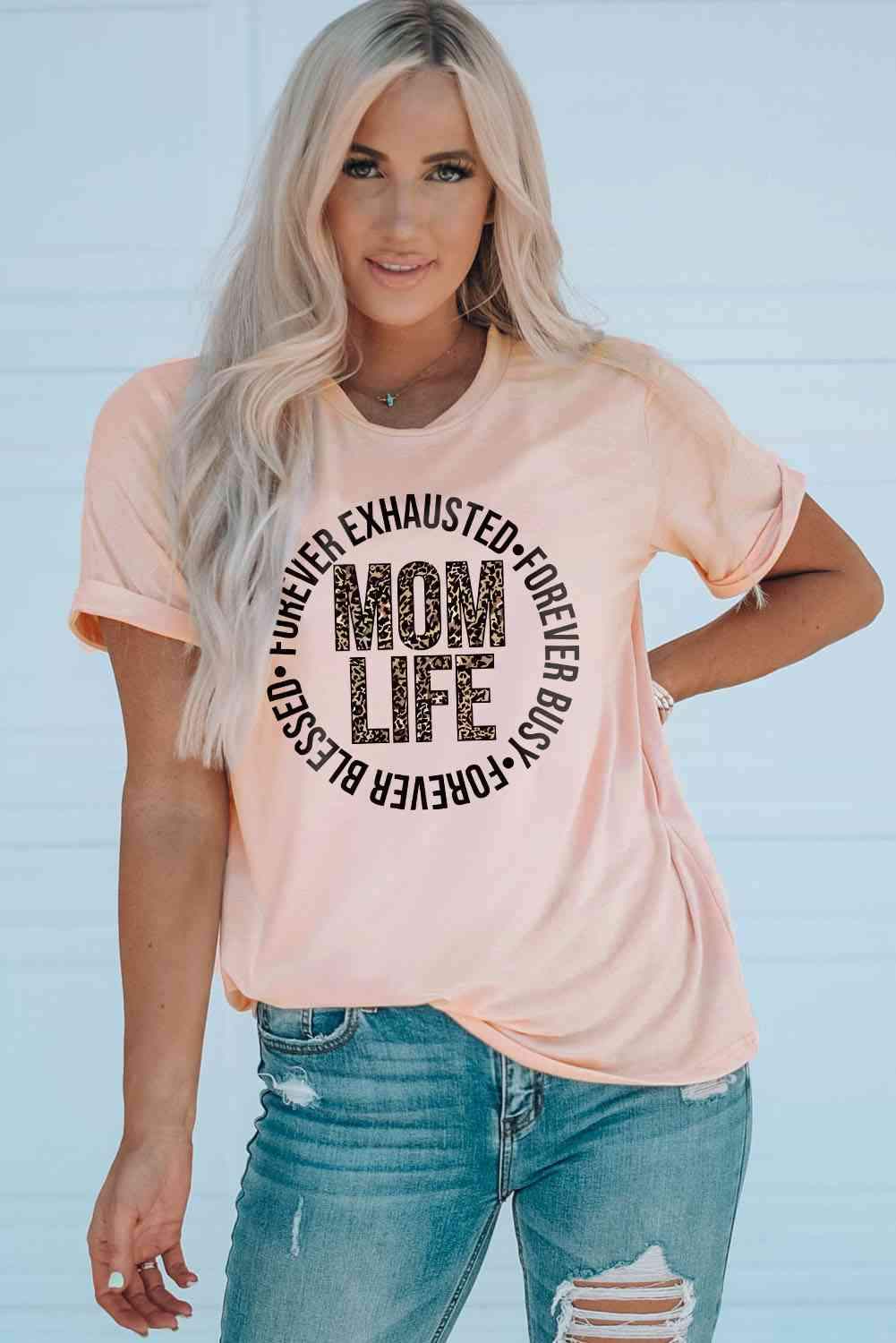 MOM LIFE Leopard Graphic Cuffed Tee Blush Pink Women's T-Shirts - Tophatter Daily Deals