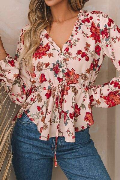 Floral V-Neck Drawstring Peplum Blouse Blouses - Tophatter Daily Deals