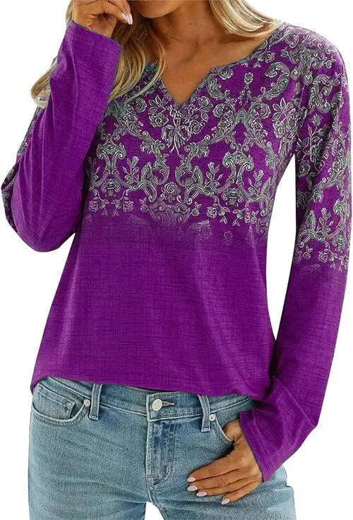 Printed Notched Long Sleeve T-Shirt Fuchsia Women's T-Shirts - Tophatter Daily Deals