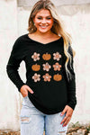 V-Neck Short Sleeve Pumpkin & Flower Graphic T-Shirt Women's T-Shirts - Tophatter Daily Deals