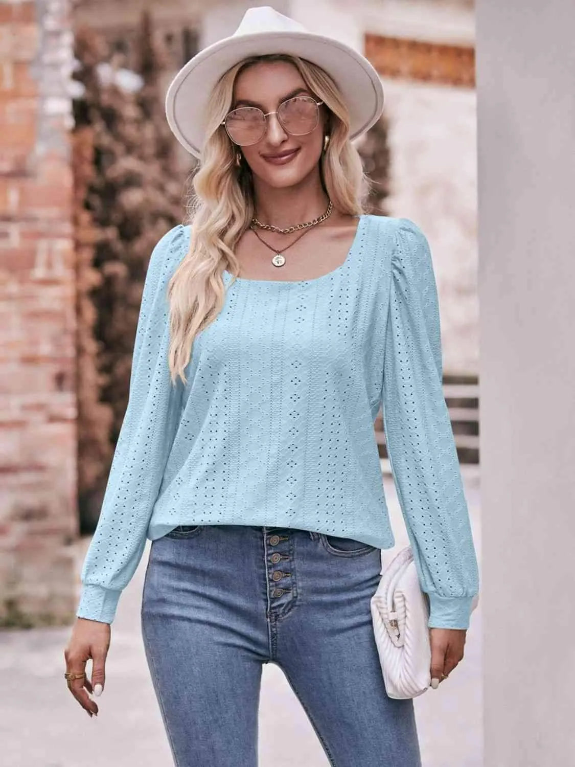 Double Take Eyelet Square Neck Puff Sleeve Blouse Pastel Blue Blouses - Tophatter Daily Deals