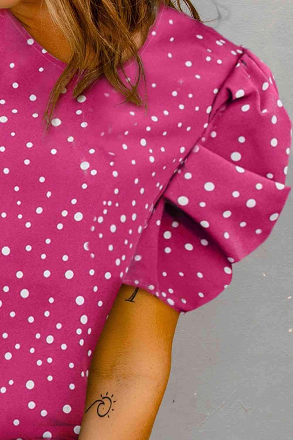 Polka Dot Round Neck Puff Sleeve Blouse Blouses - Tophatter Daily Deals