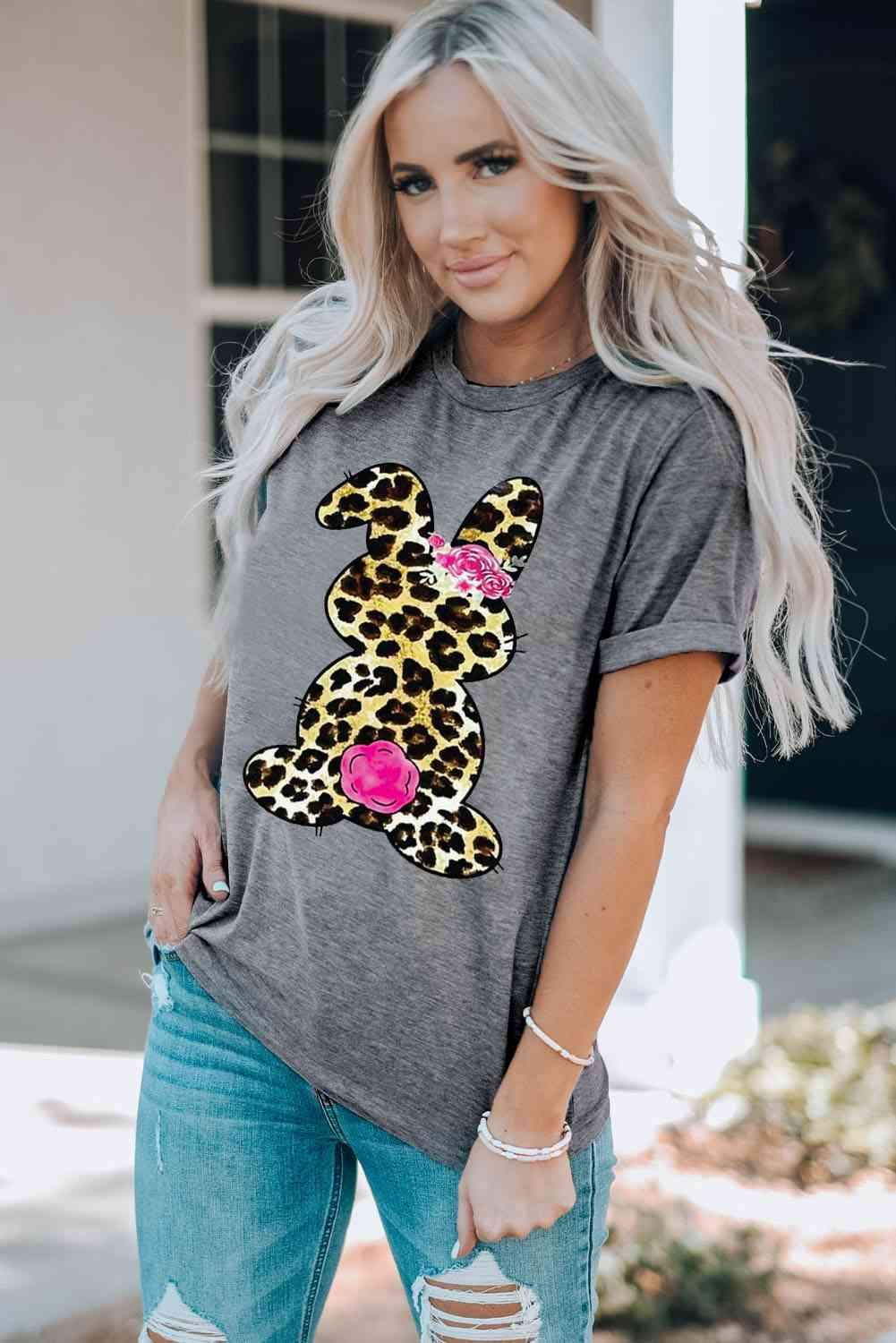 Leopard Bunny Graphic Cuffed Tee Shirt Gray Women's T-Shirts - Tophatter Daily Deals