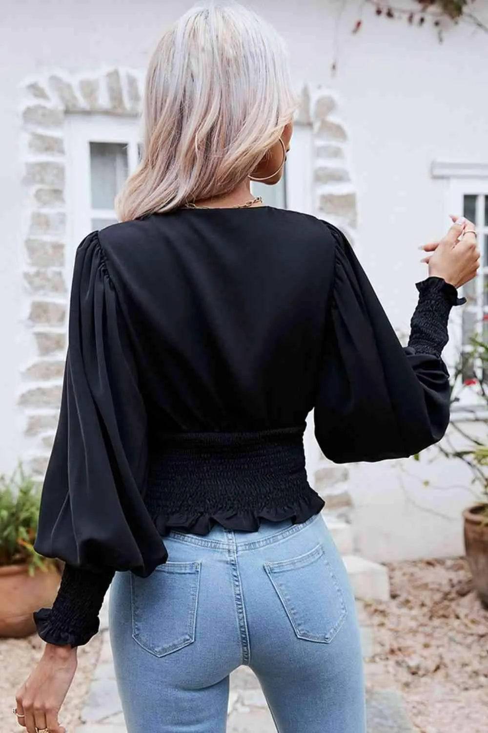 Surplice Neck Frill Trim Lantern Sleeve Smocked Waist Blouse Blouses - Tophatter Daily Deals