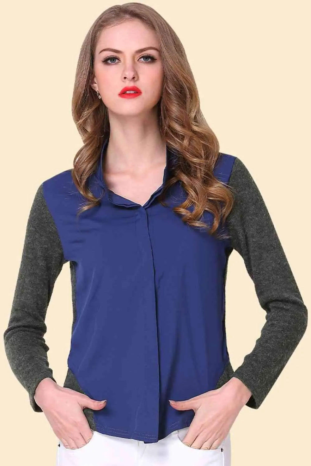 Two-Tone Spliced Shirt Blouses - Tophatter Daily Deals