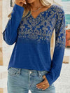 Printed Notched Long Sleeve T-Shirt Cobalt Blue Women's T-Shirts - Tophatter Daily Deals