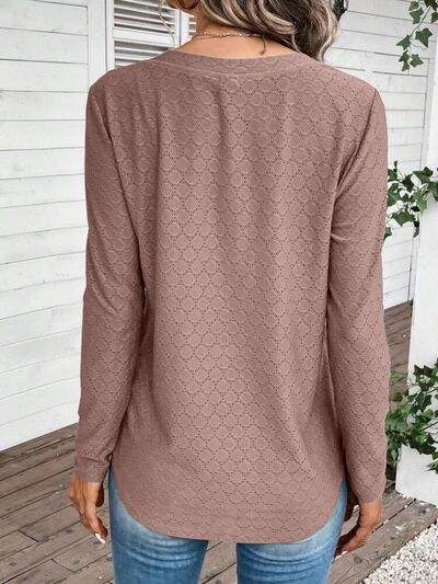 Eyelet V-Neck Long Sleeve T-Shirt Women's T-Shirts - Tophatter Daily Deals