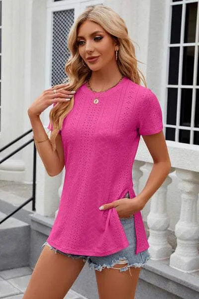 Eyelet Slit Round Neck Short Sleeve T-Shirt Hot Pink Women's T-Shirts - Tophatter Daily Deals