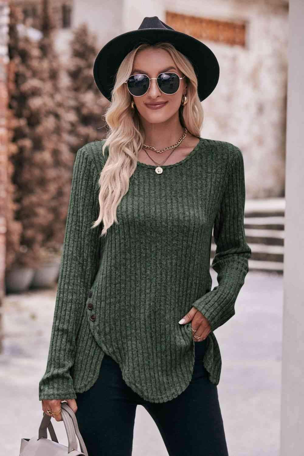 Double Take Buttoned Hem Detail Ribbed Top Army Green Women's T-Shirts - Tophatter Daily Deals