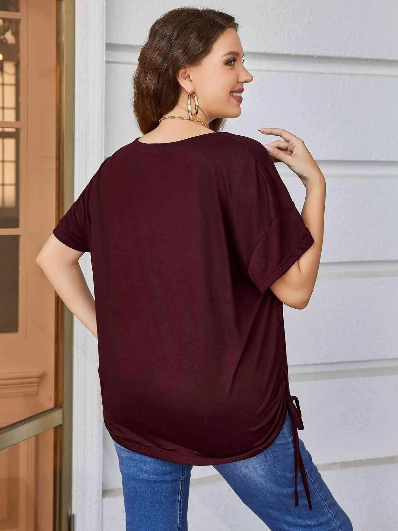 Plus Size Drawstring V-Neck Short Sleeve Blouse Blouses - Tophatter Daily Deals