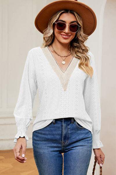 Eyelet V-Neck Flounce Sleeve T-Shirt Women's T-Shirts - Tophatter Daily Deals