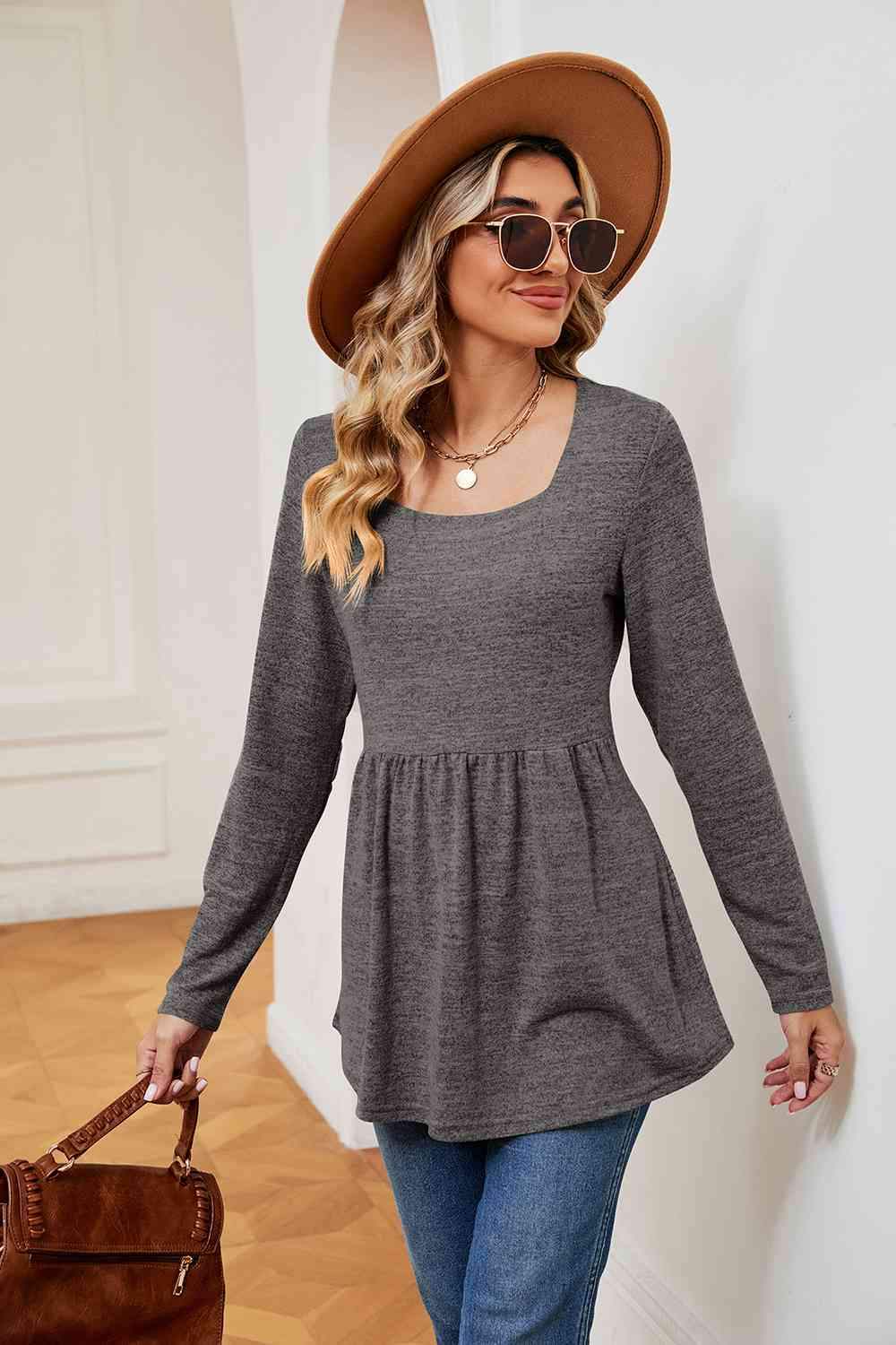 Square Neck Long Sleeve Peplum Top Women's T-Shirts - Tophatter Daily Deals