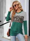 Color Block Round Neck Long Sleeve Blouse Mid Green Blouses - Tophatter Daily Deals