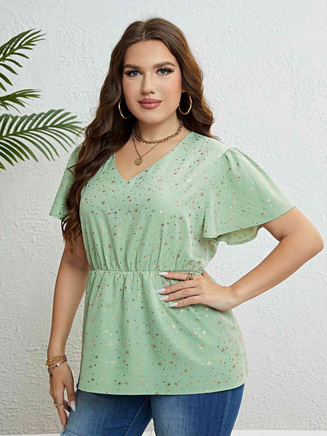 Star V-Neck Puff Sleeve Peplum Top Blouses - Tophatter Daily Deals