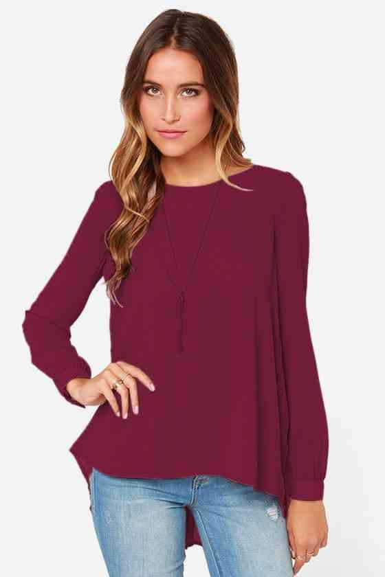 Full Size Round Neck Back Pleated Blouse Wine Blouses - Tophatter Daily Deals