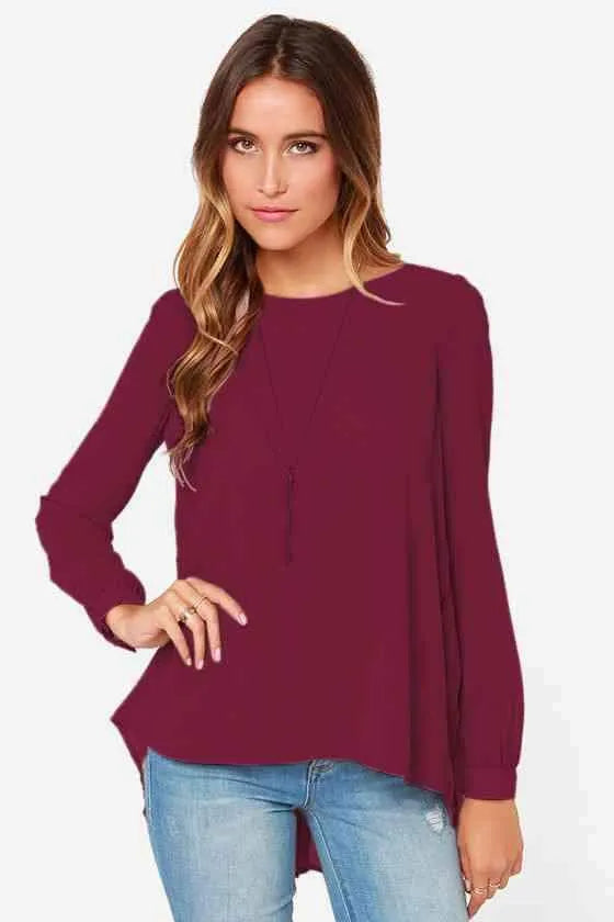Full Size Round Neck Back Pleated Blouse Wine Blouses - Tophatter Daily Deals