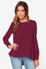 Full Size Round Neck Back Pleated Blouse Wine Blouses - Tophatter Daily Deals