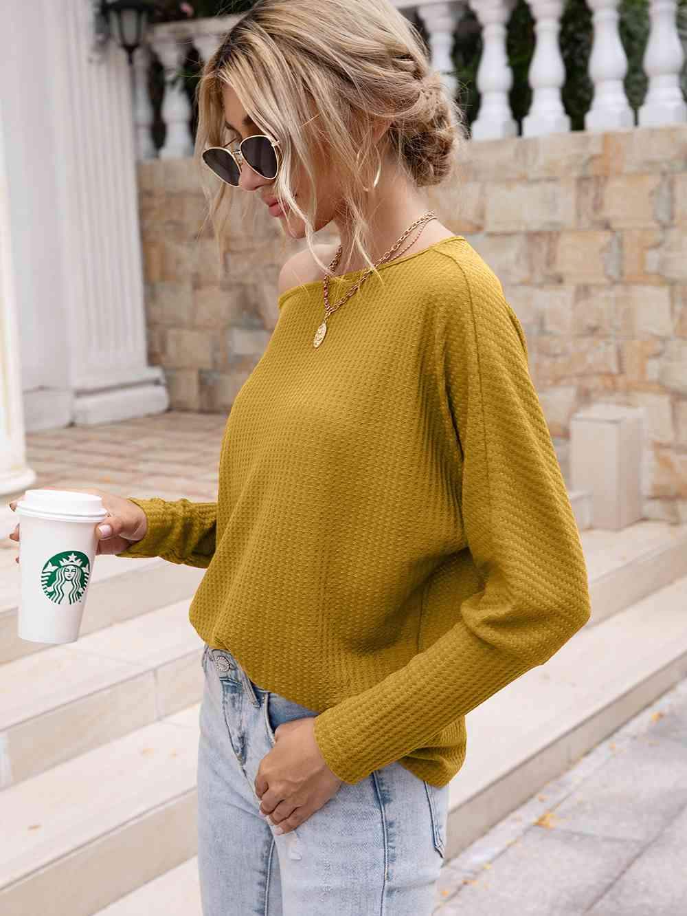 Waffle-Knit Boat Neck Long Sleeve Top Blouses - Tophatter Daily Deals