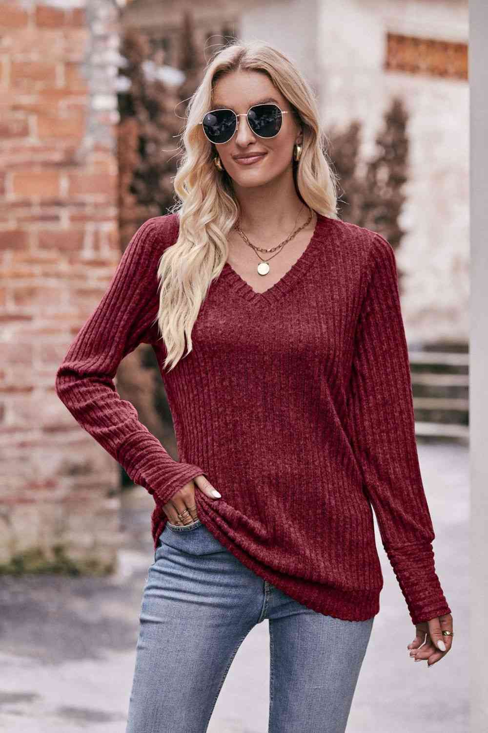 Double Take V-Neck Long Sleeve Ribbed Top - Tophatter Deals