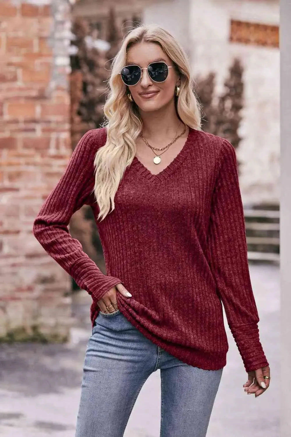 Double Take V-Neck Long Sleeve Ribbed Top Wine Blouses - Tophatter Daily Deals