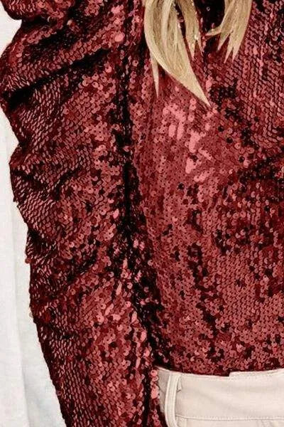Sequin Mock Neck Leg-Of-Mutton Sleeve Top Blouses - Tophatter Daily Deals