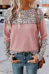 Leopard Waffle-knit Long Sleeve T-Shirt Dusty Pink Women's T-Shirts - Tophatter Daily Deals