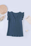 Ruffle Shoulder V-Neck Top French Blue Blouses - Tophatter Daily Deals