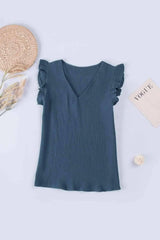 Ruffle Shoulder V-Neck Top French Blue Blouses - Tophatter Daily Deals