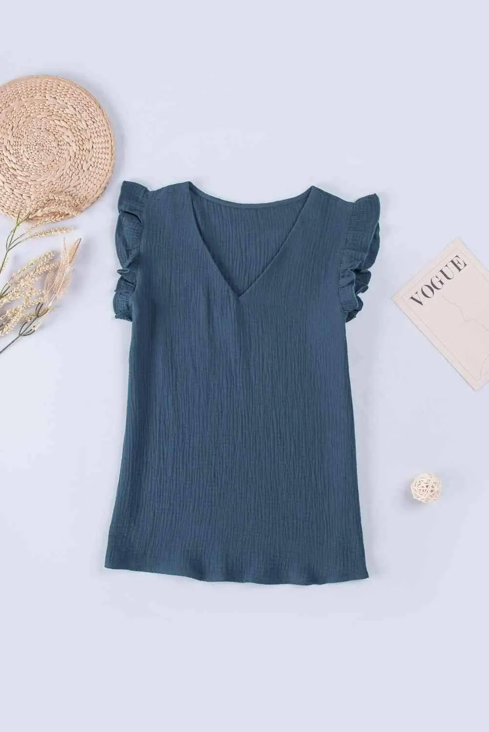 Ruffle Shoulder V-Neck Top French Blue Blouses - Tophatter Daily Deals