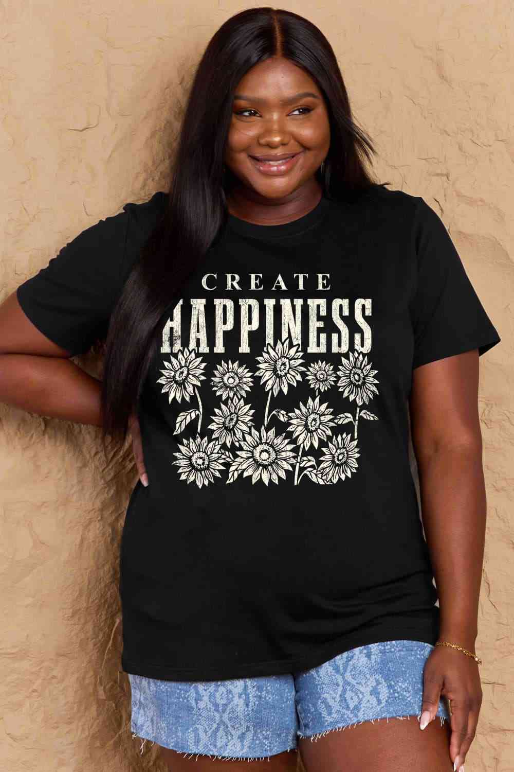 Simply Love Full Size CREATE HAPPINESS Graphic Cotton T-Shirt Women's T-Shirts - Tophatter Daily Deals