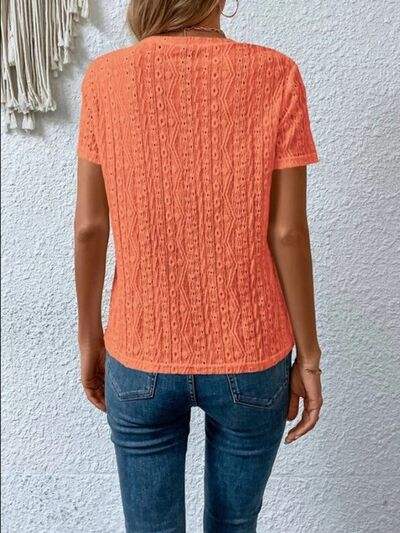 Eyelet Round Neck Short Sleeve T-Shirt Women's T-Shirts - Tophatter Daily Deals