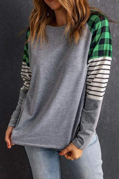 Striped Plaid Round Neck Long Sleeve T-Shirt Cloudy Blue Women's T-Shirts - Tophatter Daily Deals