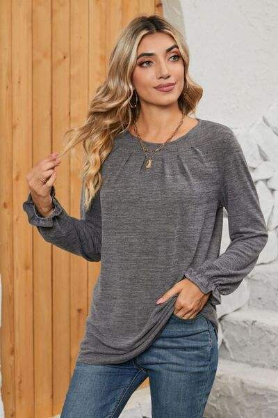 Ruched Round Neck Flounce Sleeve T-Shirt Women's T-Shirts - Tophatter Daily Deals