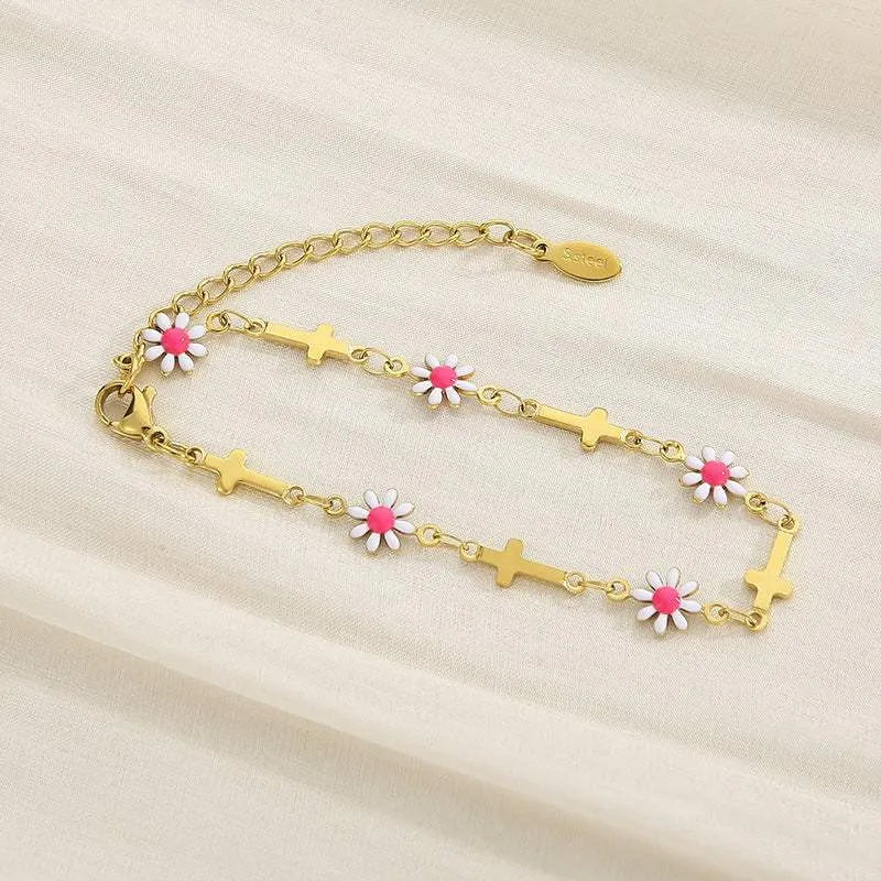 Flower & Cross Stainless Steel Bracelet White One Size Bracelets - Tophatter Daily Deals