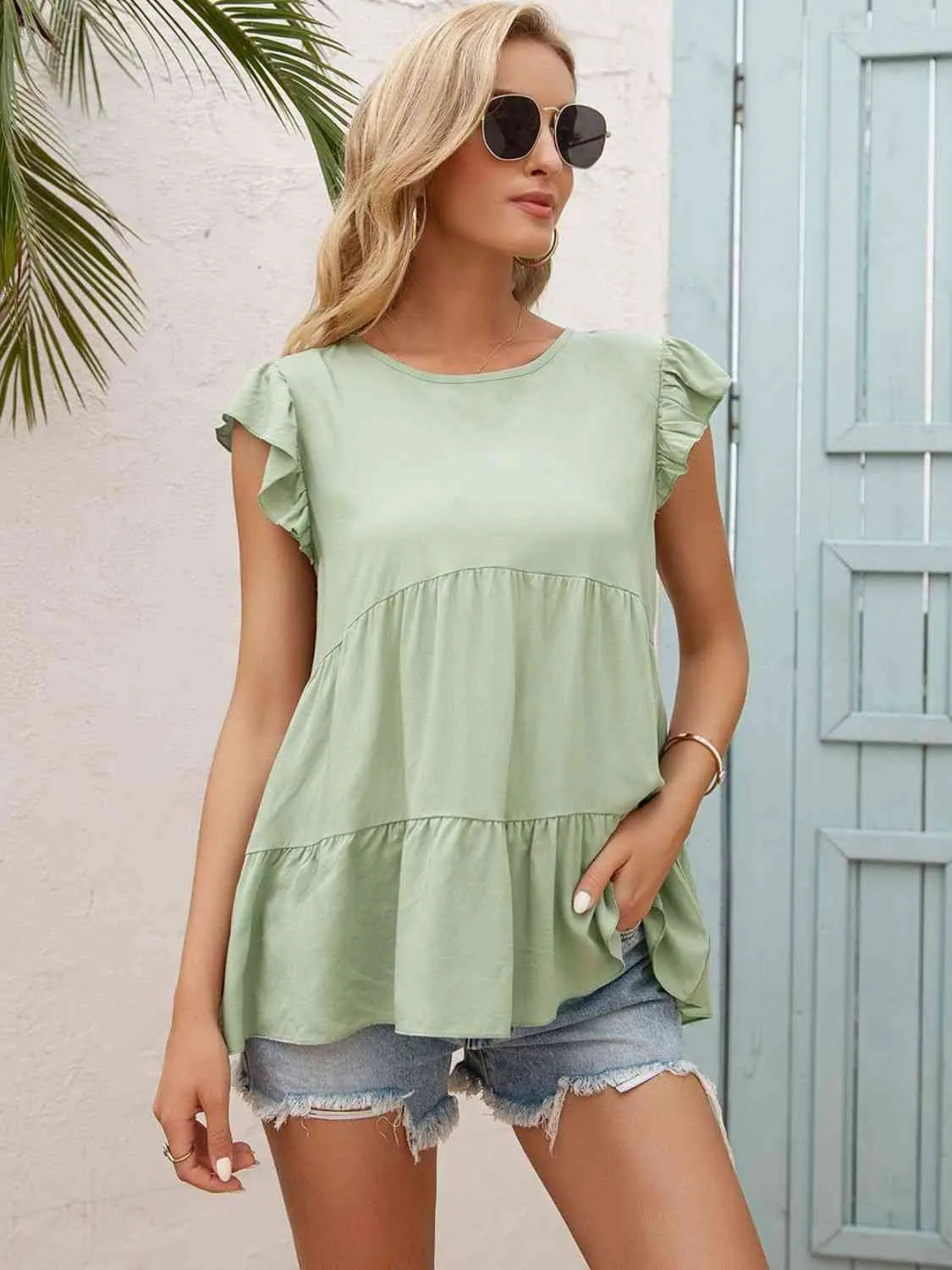 Round Neck Flutter Sleeve Tiered Blouse Light Green Blouses - Tophatter Daily Deals