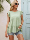 Round Neck Flutter Sleeve Tiered Blouse Light Green Blouses - Tophatter Daily Deals