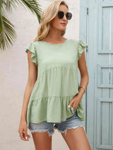 Round Neck Flutter Sleeve Tiered Blouse Light Green Blouses - Tophatter Daily Deals
