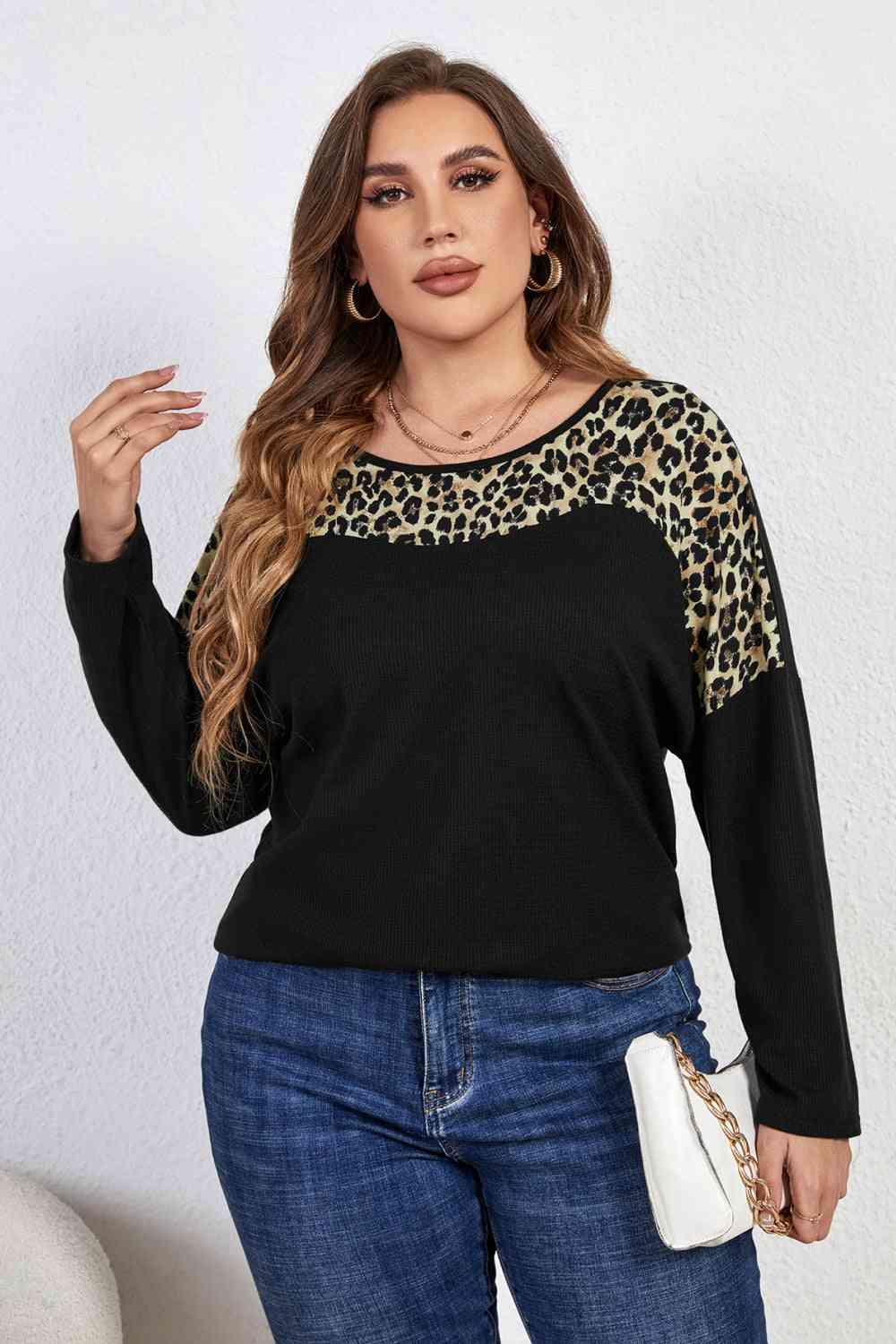 Melo Apparel Plus Size Leopard Trim Round Neck Long Sleeve Tee Women's T-Shirts - Tophatter Daily Deals