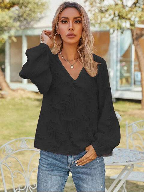 V-Neck Long Sleeve Blouse Black Blouses - Tophatter Daily Deals