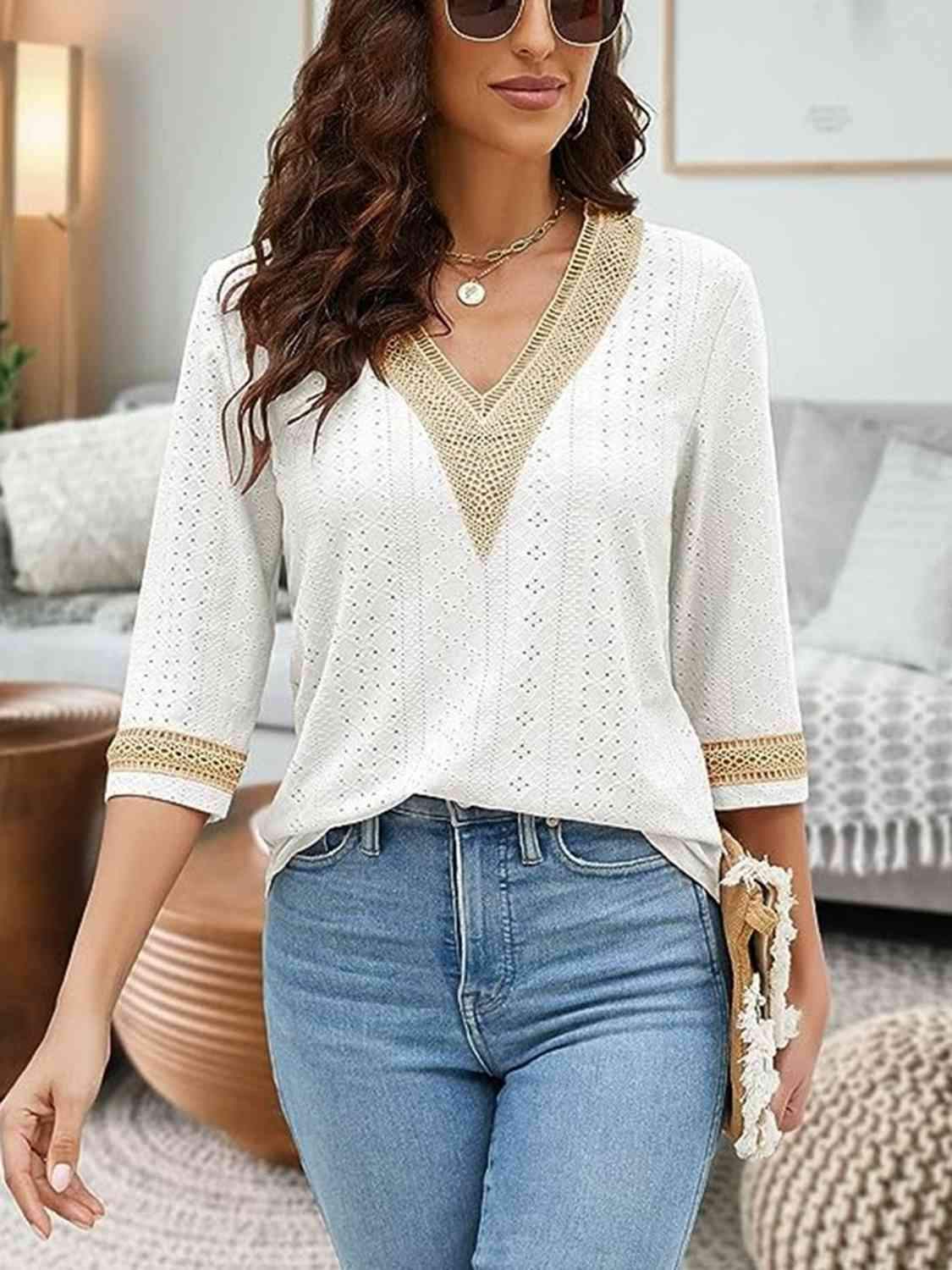 V-Neck Eyelet Blouse Blouses - Tophatter Daily Deals