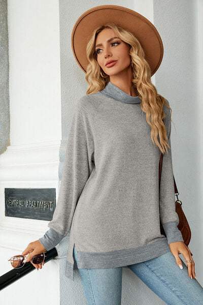 Slit Mock Neck Long Sleeve T-Shirt Women's T-Shirts - Tophatter Daily Deals