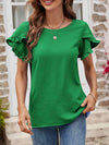 Textured Petal Sleeve Round Neck Tee Mid Green Women's T-Shirts - Tophatter Daily Deals