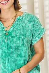 Zenana Washed Raw Hem Short Sleeve Blouse with Pockets Blouses - Tophatter Daily Deals